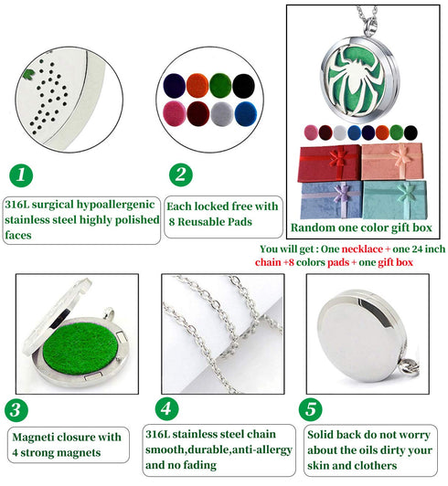 Essential Oil Diffuser Necklace - Aromatherapy Stainless Steel Spider Pattern Locket Jewelry Set for Women Men Teen