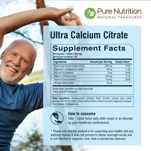 Pure Nutrition Ultra Calcium Citrate 1250 mg | Highly absorbable Calcium Supplement with Calcium Citrate Malate, Vitamin D, Magnesium and Zinc | 1 Tab Daily | Non-GMO | Gluten-Free | 120 Veg Tabs