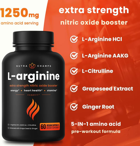Premium L Arginine Supplement - 5-in-1 Nitric Oxide Supplement - 60 Vegan Capsules for Energy, Blood Flow, Heart Health