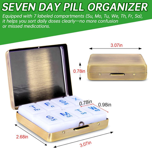 YILUTONGFA (7 8 Portable Metal Travel Pill Organizer Days a Week), Large Capacity Compartments, BPA-Free (M-Antique