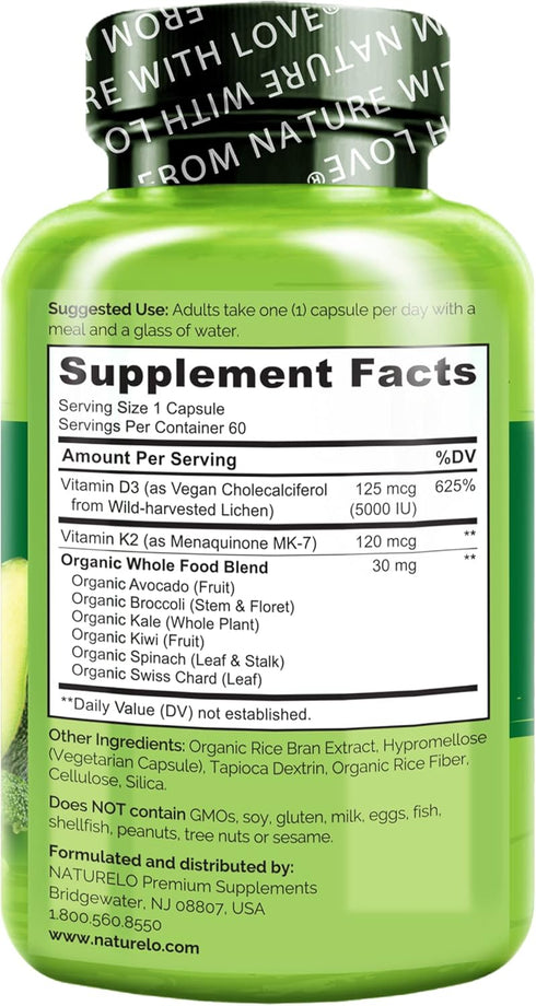 NATURELO Vitamin D3 K2 - Vegan Supplement for Immune System, Bone Support, 60 Capsules, Non-GMO