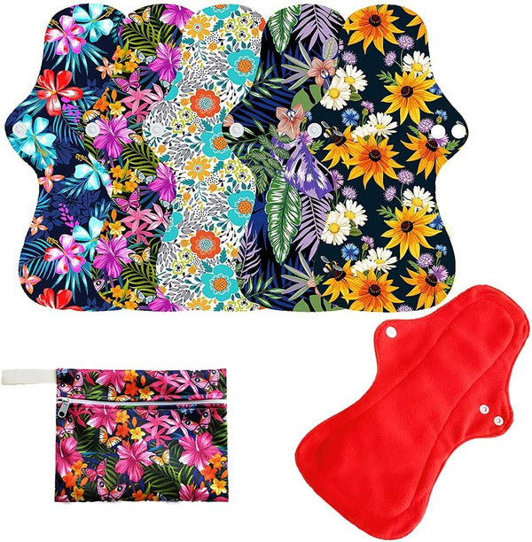 6Pcs Reusable Waterproof Menstrual Pad Sets, 1Pc Mini Wet Bag, 5Pcs Heavy Flow Microfleece Pads