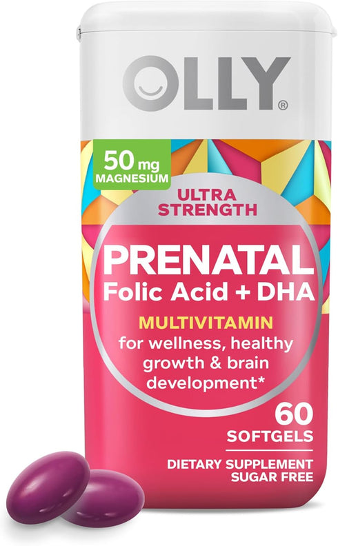 OLLY Ultra Strength Prenatal Multivitamin Softgels, 60 Count, Supports Healthy Growth, Iron, Folic Acid, DHA
