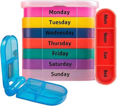 Vive Stackable Pill Organizer Tower with Pill Cutter for Vitamins, 7 Days 4 Times a Day