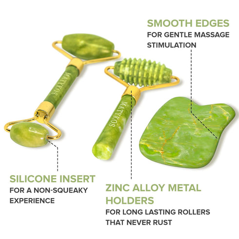 Jade Roller and Gua Sha Set - 2 Anti-Aging Facial Rollers and Tool for Skincare Routine, Massage for Wrinkles