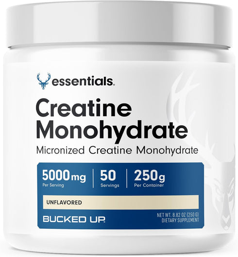 Bucked Up Creatine Monohydrate - 250 Grams Micronized Powder, Essentials (50 Servings)