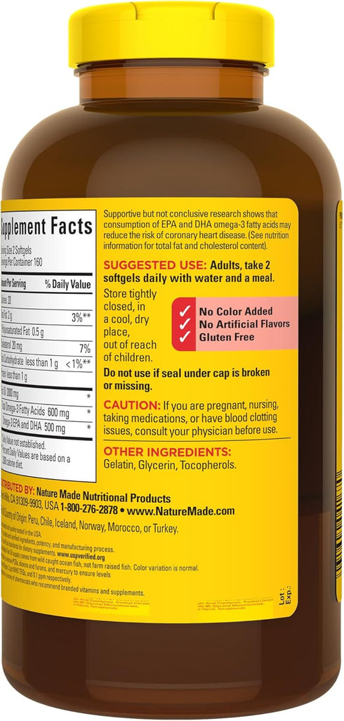 Nature Made Fish Oil 1000 mg Softgels, Omega 3 Fish Oil for Healthy Heart Support, 320 Softgels