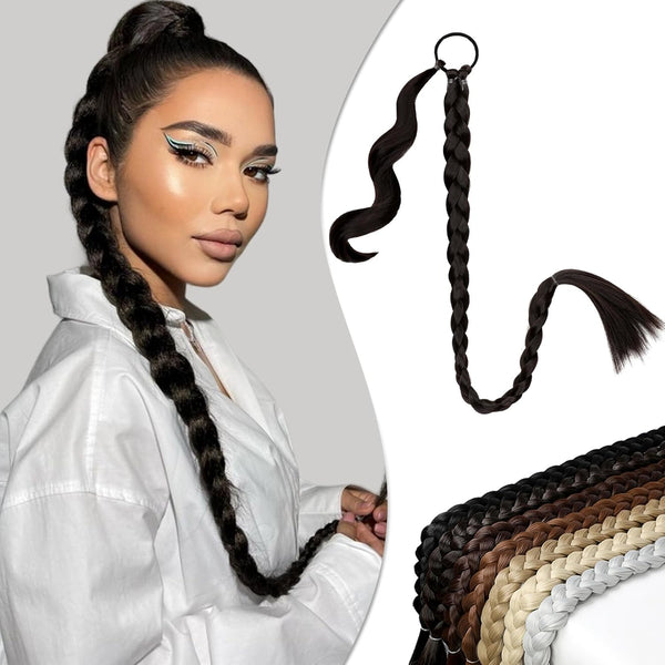 Long Braided Ponytail Extension - Dark Brown Straight Wrap Around Braid for Women Daily Wear (30 inch)
