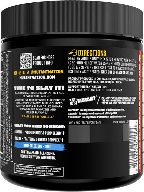 Mutant Madness Pre Workout Powder Supplement - Performance and Pump Blend, 30 Servings, Blue Raspberry