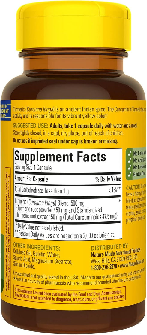 Nature Made Turmeric Curcumin 500 mg, Herbal Supplement, 60 Capsules, 60 Day Supply