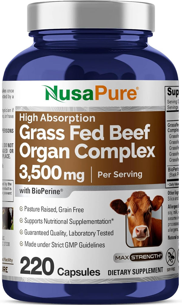 NusaPure Grass Fed Beef Organ Complex with Desiccated Liver, Kidney, Pancreas, Heart, Spleen, 220 Capsules