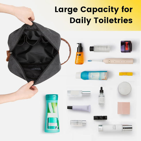 Vorspack Dark Grey Toiletry Bag Hanging Dopp Kit for Men, Water Resistant Canvas Shaving Bag with Large Capacity