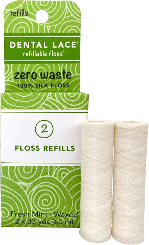 Refills - Dental Lace Refillable Silk Dental Floss, 100% Silk Floss with Mint Flavor, 2 Refill Spools