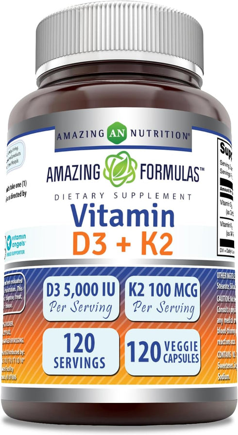 Amazing Formulas Vitamin D3, 5000 IU with Vitamin K2, 120 Veggie Capsules Supplement, Non-GMO, Gluten Free, Made in USA