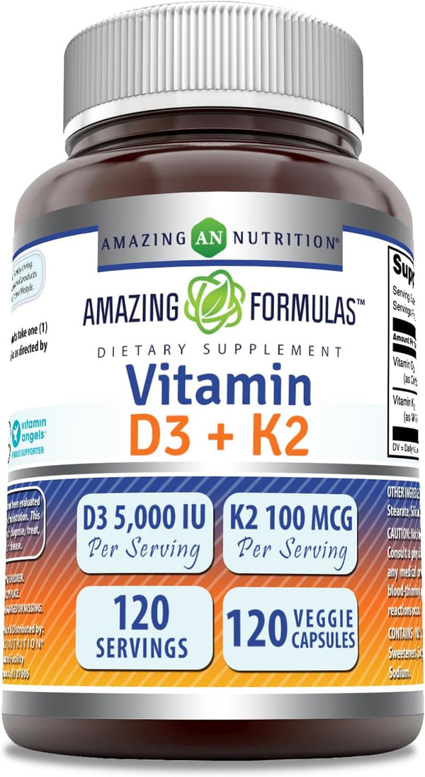 Amazing Formulas Vitamin D3, 5000 IU with Vitamin K2, 120 Veggie Capsules Supplement, Non-GMO, Gluten Free, Made in USA