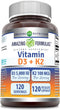 Amazing Formulas Vitamin D3, 5000 IU with Vitamin K2, 120 Veggie Capsules Supplement, Non-GMO, Gluten Free, Made in USA