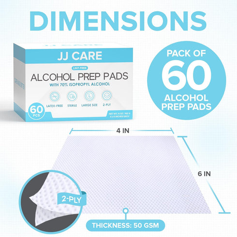 JJ CARE Large Alcohol Prep Pads, 4 x 6" Sterile Alcohol Pads Individually Wrapped, 70% Isopropyl Alcohol Wipes, Pack of