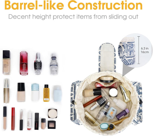 Large Barrel Drawstring Makeup Bag, Cosmetic Organizer for Women (Elephant) (Patent Pending)