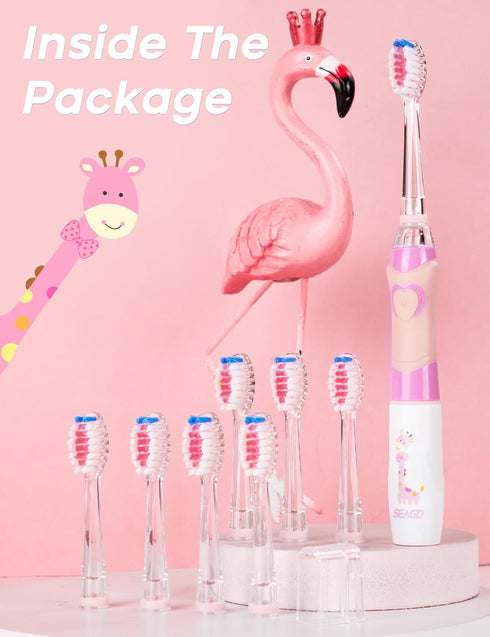 SEAGO Kids Electric Toothbrush - 2 Mins Brushing Timer, 8 Replacement Brush Heads, Pink Color for Ages 4-12
