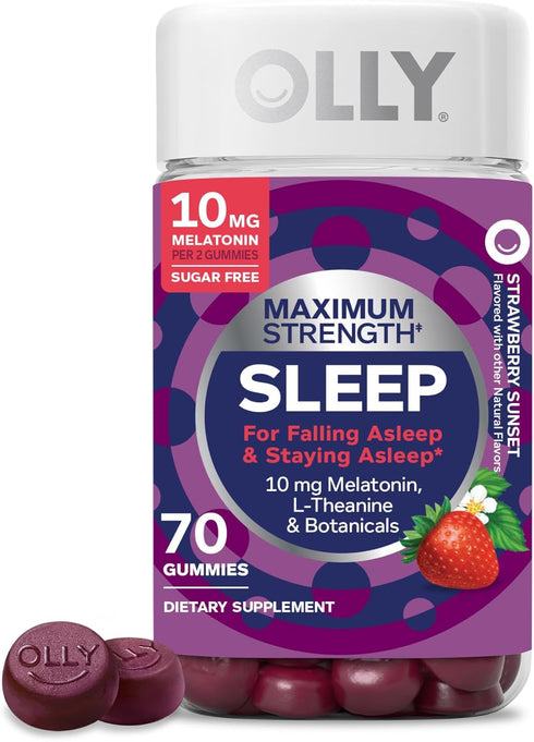 OLLY Max Strength Sleep Gummy, 10mg Melatonin, L-Theanine, Chamomile, Lemon Balm, Sugar