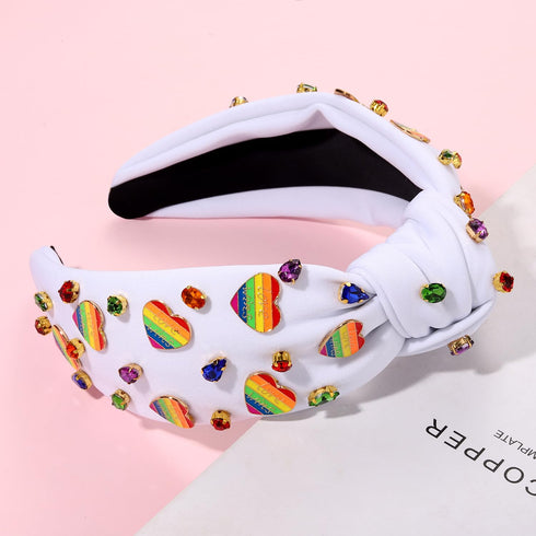 Pride Headbands for Women, Rainbow Heart Knotted Headband, Embellished Crystal Wide Top Knot Hair Accessories