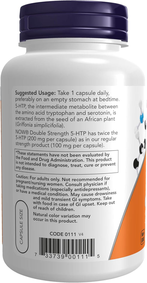 NOW Supplements, 5-HTP (5-hydroxytryptophan) 200 mg, Double Strength, Neurotransmitter Support, 120 Veg Capsules