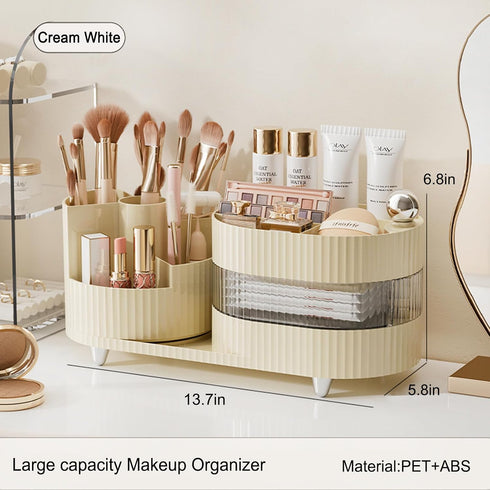 Rotating Makeup Organizer for Vanity - 3 Layer Storage with Brush Holder and Drawer for Cosmetics