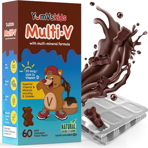 YUM-V'S Kids Multivitamin Chewable Chocolate Bears, 60 Count, Multivitamin for Kids Supplement, 16 Vitamins & Minerals
