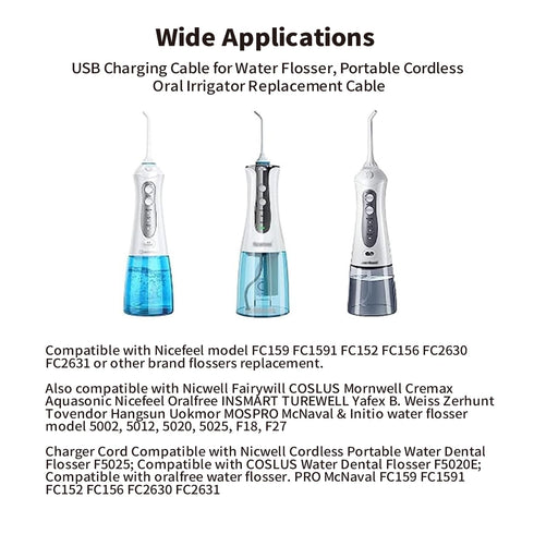 USB Charging Cable for Water Flosser, Portable Cordless Oral Irrigator Replacement Charger for Nicwell, Fairywill,