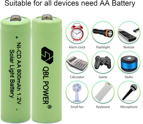 QBLPOWER Ni-CD AA 800mAh 1.2V Rechargeable Battery (8 Pieces) for Solar Outdoor Lights Lamp Garden Yard Lawn