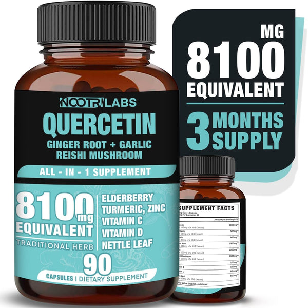 All-in-1 8100mg Highest Potency Quercetin, Elderberry, Turmeric, Vitamin C, D, Ginger Root, Zinc - Immune Health Support