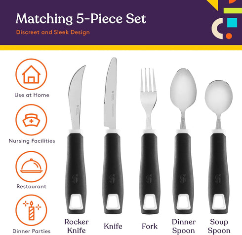 Special Supplies 5-Piece Adaptive Utensils Set - Non-Weighted, Non-Slip Handles for Hand Tremors, Arthritis,