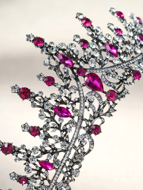 SWEETV Hot Pink Rhinestone Crystal Tiara Crown for Women, Antique Silver Metal Headband for Prom Birthday