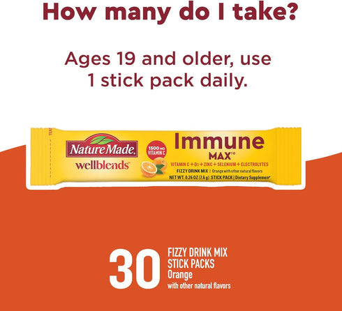 Nature Made Wellblends ImmuneMAX Fizzy Drink Mix, 30 Stick Packs - Vitamin C 1500mg, Zinc 15 mg, Vitamin D3 1000 IU, B