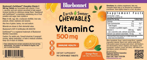 Bluebonnet Nutrition EarthSweet Vitamin C 500 mg Powerful Antioxidant Protection & Immune Health Support Supplement - Maximum Absorption - Gluten-Free, Vegan - Orange Flavor - 90 Chewable Tablets