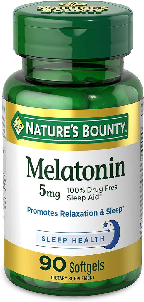 Nature's Bounty Melatonin 5mg 90 Softgels | 100% Drug Free Sleep Aid for Relaxation & Sleep Health