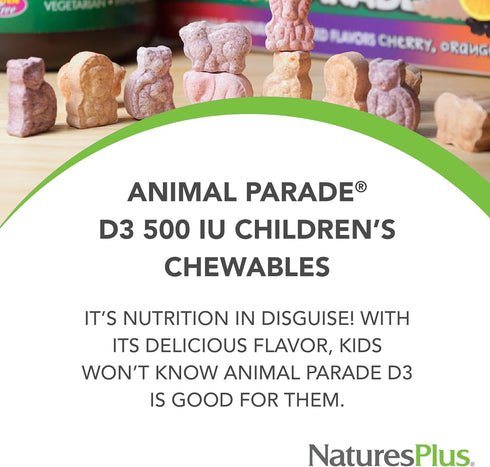 Natures Plus Animal Parade Vitamin D3 Children’s Chewables - Black Cherry Flavor - 90 Tablets, Pack of 2 - Gluten Free