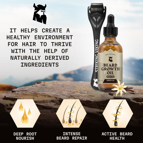 Striking Viking Beard Growth Kit, Beard Growth Oil with Roller for Thickening and Conditioning, Vanilla 2 Fl Oz