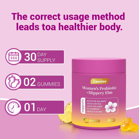 Lunivox Gummies Immune 60 Count Her Juicy Feminine Probiotics for Women, with Prebiotics & Slippery Elm - Promotes pH