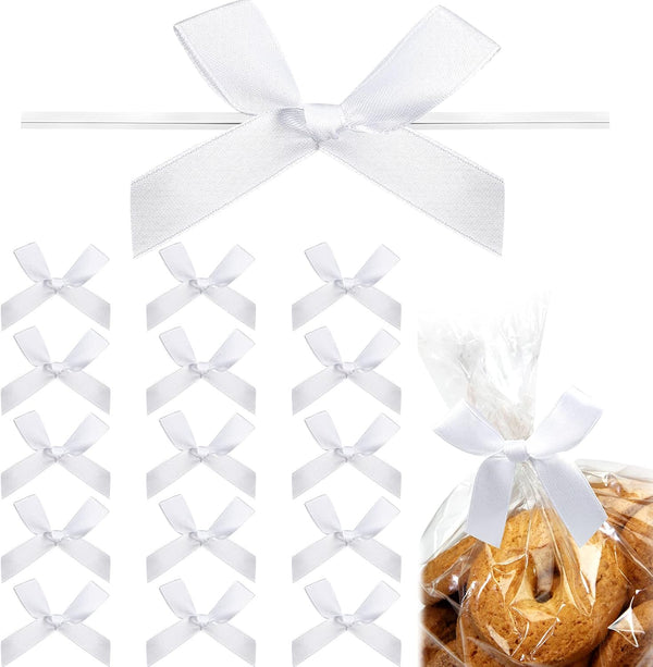 Gejoy 100 Pieces 2.6" Solid White Bows, Mini Satin Ribbon Twist Tie Bows for Wedding Graduation Party Decoration