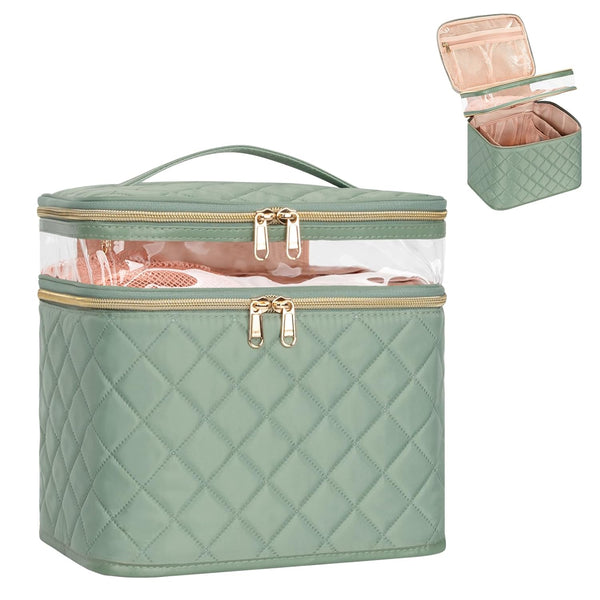OCHEAL Large Double Layer Makeup Bag, Vertical Storage Cosmetic Case for Women/Girls with Multiple Compartments-Green