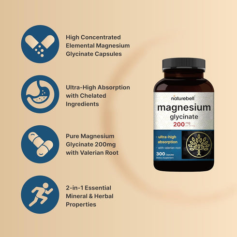 Magnesium Glycinate 200mg with Valerian Root, 300 Capsules, Non-GMO, Gluten Free Supplement