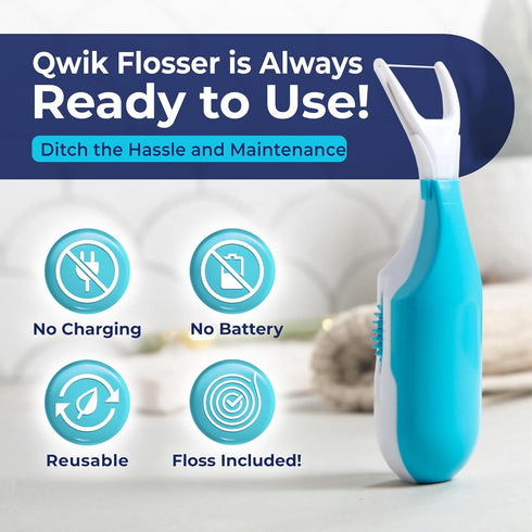 QWIK Dental Flosser | Click-to-Use, Reusable & Refillable | Pre-Loaded Floss with Travel Cover | Easy Flossing