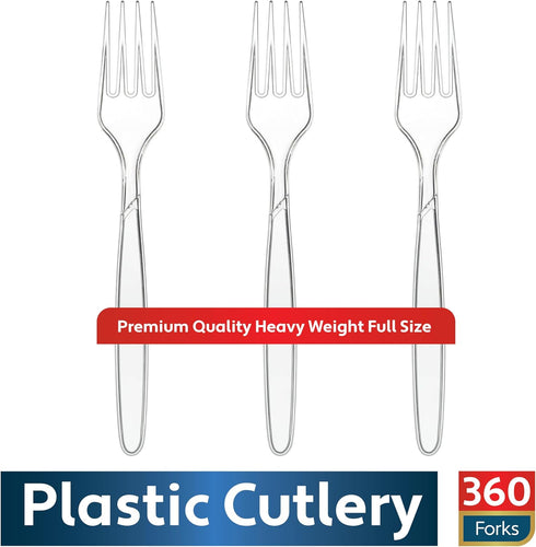 360 Count Heavy Duty Clear Plastic Forks, Premium Disposable Cutlery Set, BPA Free, Durable for Parties and Events