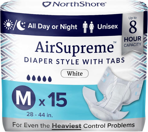 NorthShore AirSupreme Incontinence Tab-Style Briefs for Men and Women, Medium, Pack/15