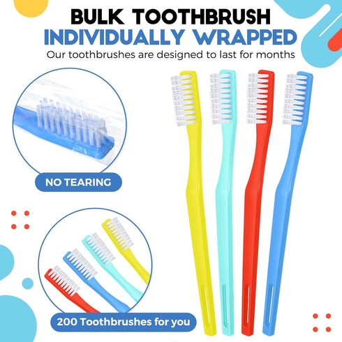 CHENGU 200 Pack Disposable Toothbrush, Individually Wrapped Travel Toothbrushes for Adults, Soft Bristle, Multicolor