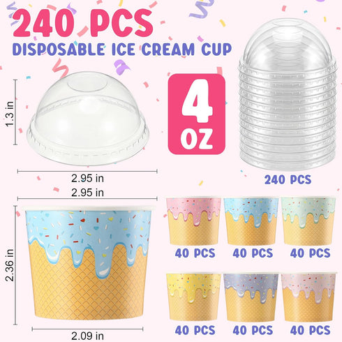 Jingmore 240 Pack 4 oz 5 Summer Ice Cream Paper Cups with Lids Disposable Ice Cream Bowls Paper Treat Dessert Cups