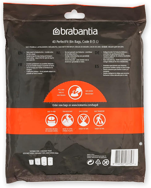Brabantia PerfectFit Trash Bags, Size B/1.3 Gal, Thick Plastic Liners with Drawstring Handles, 40 Bags