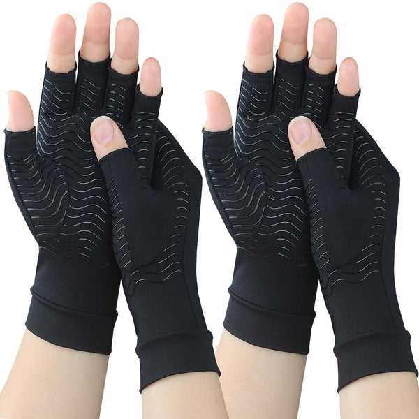 2 Pairs Copper Arthritis Compression Gloves - Anti-Slip Fingerless Gloves for Rheumatoid Pain Relief for Women & Men
