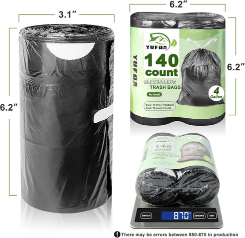 YUFDA 140 Count Small Trash Bags, 4 Gallon Drawstring, Black Bathroom Garbage Bags